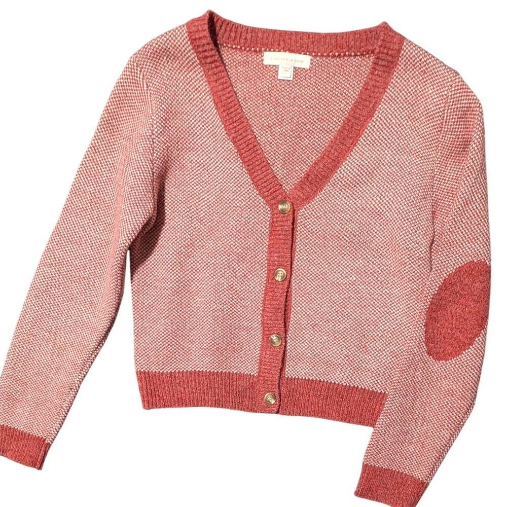 Monteau Los Angeles Women's LG Rust Red White Birdseye Knit Cardigan Elbow Patch